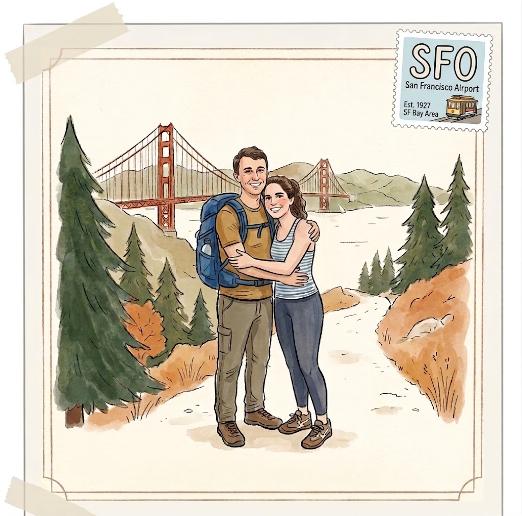 Maria and David hiking near the Golden Gate Bridge